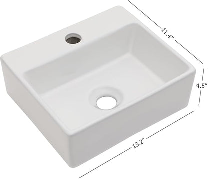 Wall Mount Hung Small Vessel Sink - Bathroom Corner Floating Sink Rectangle 13" x 11" Modern Bathroom White Porcelain Ceramic Vessel Vanity Sink with Faucet Hole