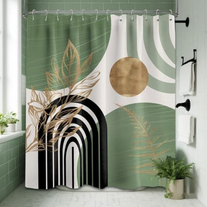 Sage Green and Gold Shower Curtain, 72x72 in, Mid Century Modern