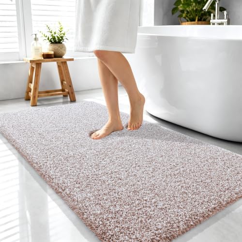 OLANLY Microfiber Bathroom Rugs 44x24, Quick Dry Bath Mat, Mocha and White