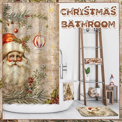 FuWeave 8 Pcs Christmas Shower Curtain Set Santa Bathroom Decor