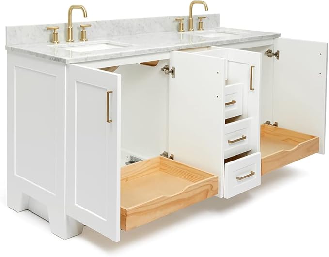 ARIEL Taylor 72-inch Bathroom Vanity with Sink,Solid Wood, 0.75-inch Italian Carrara Marble Countertop, Double Rectangular Porcelain Sink, 4 Soft Closing Doors, 6 Dovetail Drawers, White