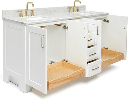 ARIEL Taylor 72-inch Bathroom Vanity with Sink,Solid Wood, 0.75-inch Italian Carrara Marble Countertop, Double Rectangular Porcelain Sink, 4 Soft Closing Doors, 6 Dovetail Drawers, White