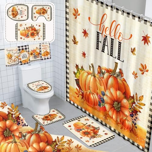 FuWeave 8 Pcs Fall Shower Curtain Set for Bathroom Decor