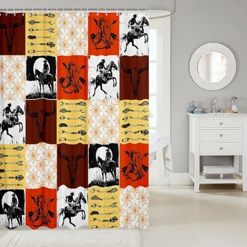 Feelyou Boys Western Bull Skull Shower Curtain Kids Teens Boho Cow Longhorn Skullhead Bathroom Waterproof Accessories with 12 Hooks 72x78 Inches Bohemian Cowboy Southwest Country Ranch Room Decor
