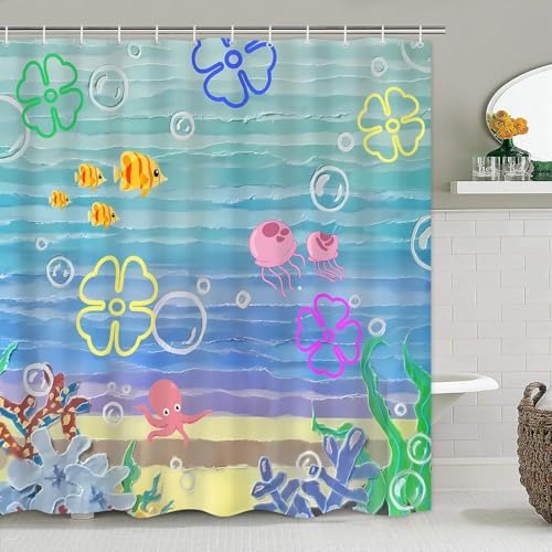 Yddsky 4PCS Kids Ocean Cartoon Shower Curtain Sets for Bathroom,72x72 Inch