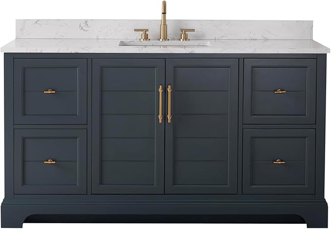 HOMEBEYOND 60 Inch Bathroom Vanity with Single Sink & Ceramic Top, Vanity Cabinet with Center Countertop Basin, Soft-Closing Doors, Backsplash, Vintage Spruce Blue