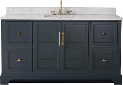 HOMEBEYOND 60 Inch Bathroom Vanity with Single Sink & Ceramic Top, Vanity Cabinet with Center Countertop Basin, Soft-Closing Doors, Backsplash, Vintage Spruce Blue