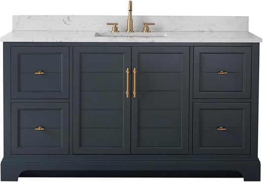 HOMEBEYOND 60 Inch Bathroom Vanity with Single Sink & Ceramic Top, Vanity Cabinet with Center Countertop Basin, Soft-Closing Doors, Backsplash, Vintage Spruce Blue