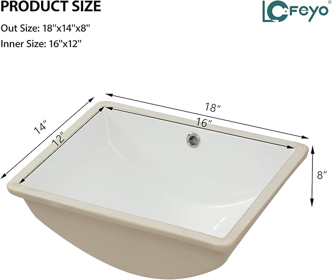Undermount Bathroom Sink - 18''x14'' White Rectangle Bathroom Sink Porcelain Ceramic Sink Vanity Basin Lavatory Sink Rectangular Vessel Sink, LOF-BS1814