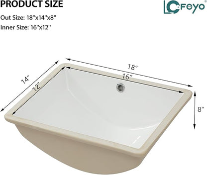 Undermount Bathroom Sink - 18''x14'' White Rectangle Bathroom Sink Porcelain Ceramic Sink Vanity Basin Lavatory Sink Rectangular Vessel Sink, LOF-BS1814