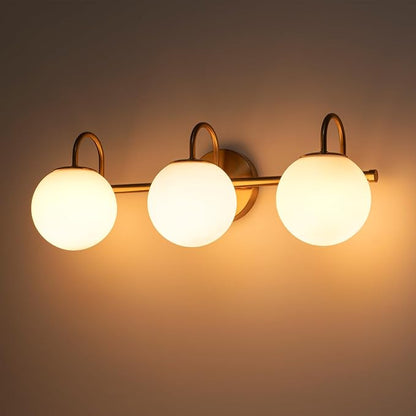 Bathroom Vanity Light, 22.6-Inch Modern Dimmable 3-Light Bathroom Light Fixture Over Mirror, Brass Finish with Frosted Glass Globe Wall Sconce