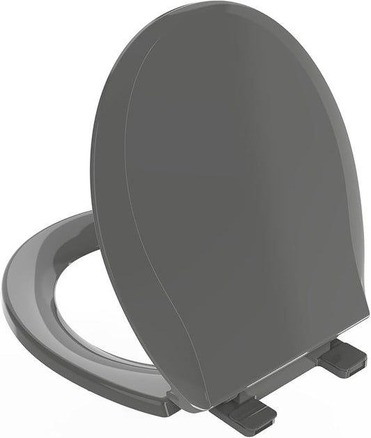 Round Toilet Seat 16.5 inch Soft Close, Toilet Lid Round PP Material Safe & Easy Clean & Quick Installation, Sturdy Accessories Never Loosen, 2 Years Support, Grey