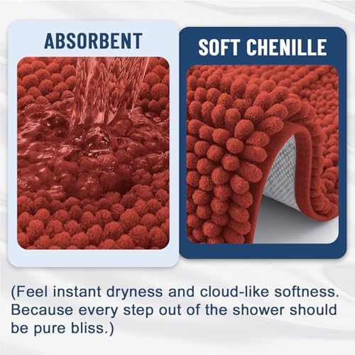 Grandaily Chenille Striped Bathroom Rugs 36x24, Extra Thick and Soft Absorbent Bath Mats, Rubber Backing, Plush Shaggy Shower Carpet, Machine Wash Dry, Bath Rug for Bathroom, Rustic Terracotta