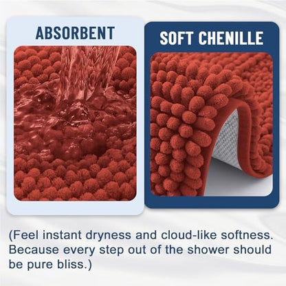 Grandaily Chenille Striped Bathroom Rugs 44x24, Extra Thick and Soft Absorbent Bath Mats, Rubber Backing, Plush Shaggy Shower Carpet, Machine Wash Dry, Bath Rug for Bathroom, Rustic Terracotta