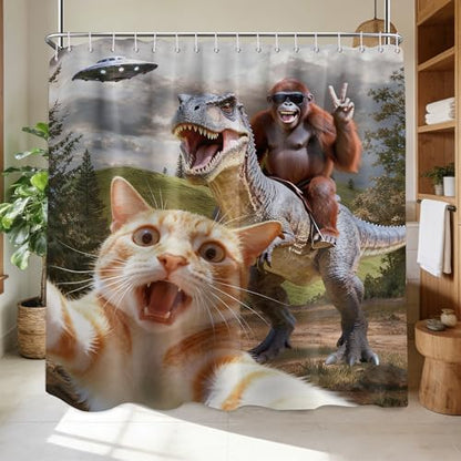 Extra Long Shower Curtain XL Fun Cat Riding Dinosaur, 108 x 72 Inchs