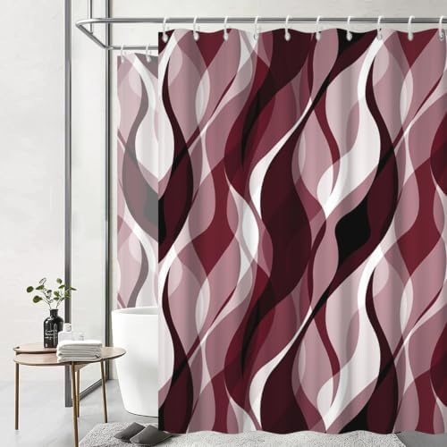 Burgundy Striped Clawfoot Tub Shower Curtain 180x70 inch 30 Hooks