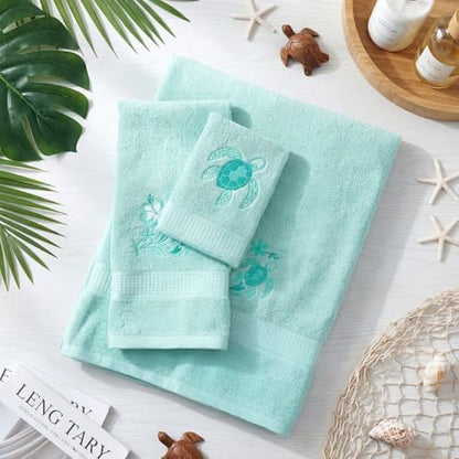 3 Pcs Rustic Sea Turtle Bathroom Towel Set Farmhouse Embroidered Sea Turtle Towels Vintage Decorative 100% Cotton Bath Towel Highly Absorbent Elegant Summer Decor Set for Bathroom