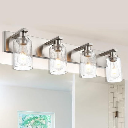 Modern Glass Bathroom Wall Light Fixtures in Brushed Nickel, Vanity Wall Mount Lighting with Seeded Glass Lampshades