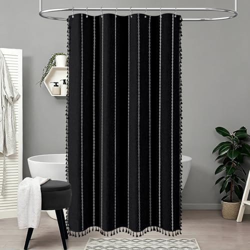 BTTN 48 x 72 Boho Linen Heavy Duty Cloth Shower Curtain Set, Black White