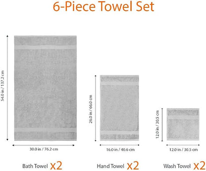 Amazon Basics 6-Piece Fade-Resistant 100% Cotton Towel Set for Bathroom, Soft and Absorbent, 2 Bath Towels, 2 Hand Towels, 2 Washcloths, Gray