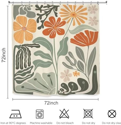Retro Flower Matisse 70s Shower Curtain 72Wx72L Inch Colorful Groovy Vintage Trendy Funky Sage Green Orange Bathroom Set Accessories Decor with 12 Pack Hooks