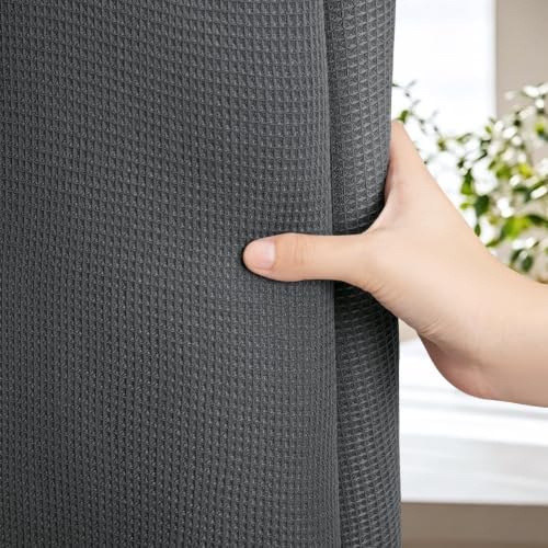 LXBNI Gray Waffle Shower Curtain, Cotton Blend with Metal Hooks, 72x72
