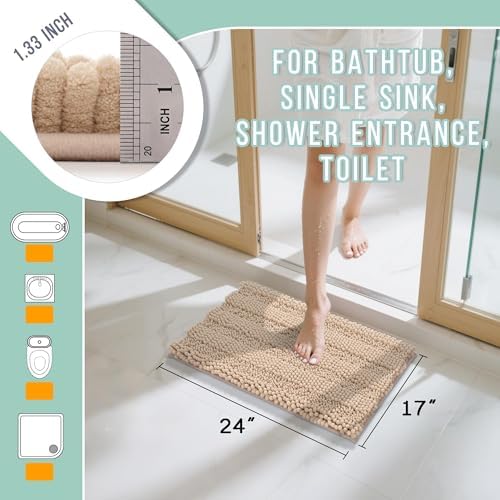 Yimobra Bathroom Rug Mat, Non Slip and Super Absorbent Bath Mat, Machine Washable Quick Dry, Ultra Plush Chenille Shower Rugs for Bathroom Floor Sink Tub and Shower Outside, Beige, 24 x 17