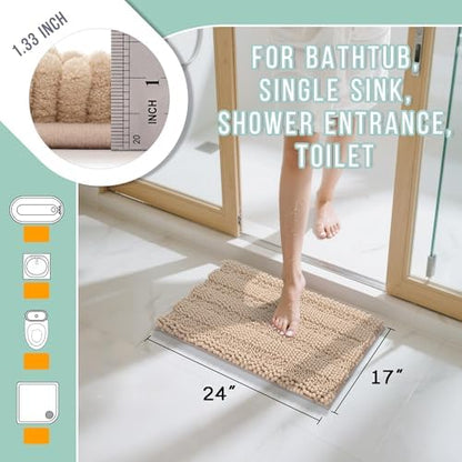 Yimobra Bathroom Rug Mat, Non Slip and Super Absorbent Bath Mat, Machine Washable Quick Dry, Ultra Plush Chenille Shower Rugs for Bathroom Floor Sink Tub and Shower Outside, Beige, 24 x 17