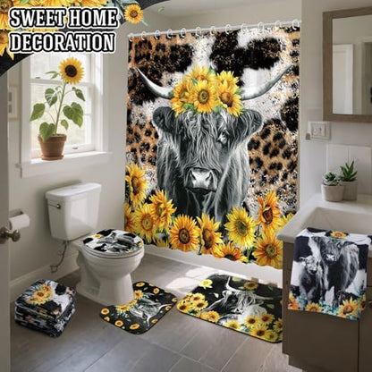FuWeave 8 Pcs Highland Cow Shower Curtain Sets for Bathroom Sunflower Farm Cow Shower Curtain Sets Bathroom Accessories with Towels Carpet Bath Mat Toilet Rugs and 12 Hooks