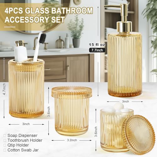 KASUNTING Gold Bathroom Accessories 4 Pcs, Gold Glass Soap Dispenser and Toothbrush Holder Set, Qtip Holder Set, Glass Bathroom Soap Dispenser Set, Yellow Orange Bathroom Decor