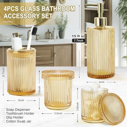 KASUNTING Gold Bathroom Accessories 4 Pcs, Gold Glass Soap Dispenser and Toothbrush Holder Set, Qtip Holder Set, Glass Bathroom Soap Dispenser Set, Yellow Orange Bathroom Decor