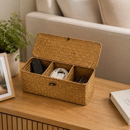 Seagrass Wicker Storage Basket with Lid and Dividers