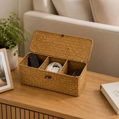 Seagrass Wicker Storage Basket with Lid and Dividers