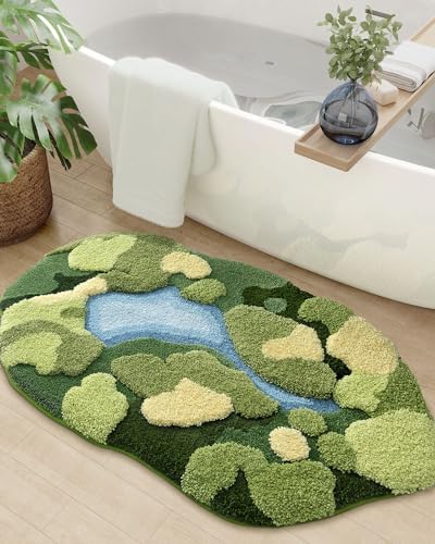 DEXI Cute Moss Bath Mat, Green Oval Bathroom Rugs, 43x24