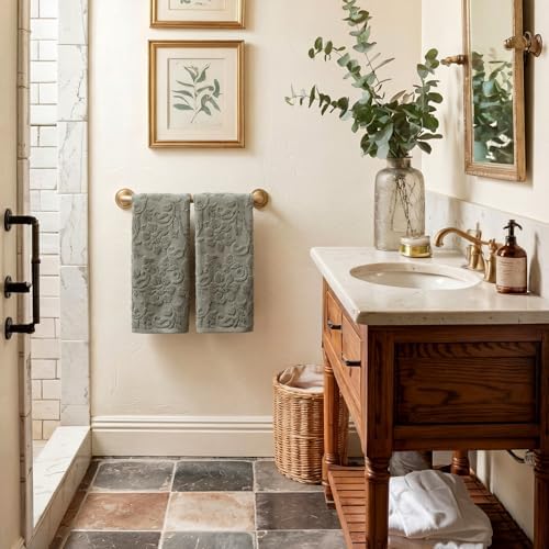 SmoothNovelty 2 Pcs Olive Green Floral Jacquard Hand Towels for Bathroom
