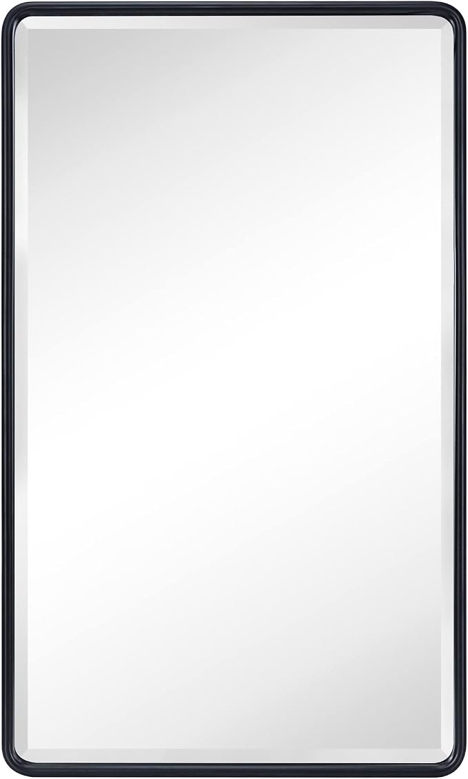 TEHOME Farmhouse Black Metal Framed Recessed Bathroom Medicine Cabinets with Mirror Rounded Rectangle Medicine Cabinet with BeveledMirros,16.5x27.5''