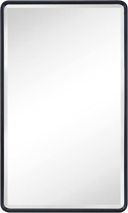 TEHOME Farmhouse Black Metal Framed Recessed Bathroom Medicine Cabinets with Mirror Rounded Rectangle Medicine Cabinet with BeveledMirros,16.5x27.5''