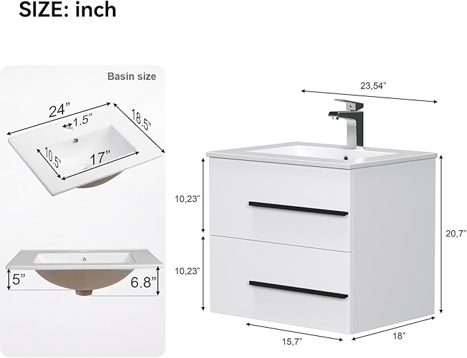 24 inch Floating Bathroom Vanity with Sink, Space Saving Fluted Design for Small Bathrooms, Drawers & Black Handles White