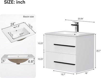 24 inch Floating Bathroom Vanity with Sink, Space Saving Fluted Design for Small Bathrooms, Drawers & Black Handles White