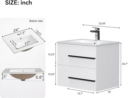 24 inch Floating Bathroom Vanity with Sink, Space Saving Fluted Design for Small Bathrooms, Drawers & Black Handles White