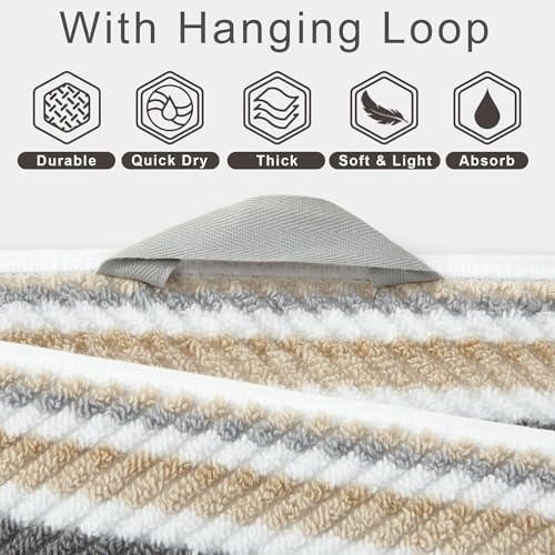 VOOVA & MOVAS Striped Towels 3 Pack, 100% Cotton, Gray Beige