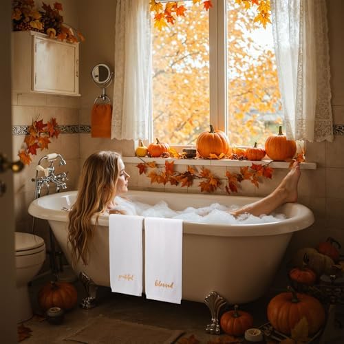 JarThenaAMCS 3Pcs Fall Bathroom Decor Hand Towels Autumn Thanksgiving Cotton Embroidered Towel White Gold Absorbent Bath Towel for Farmhouse Kitchen Hand Drying Cleaning Cooking, 29.5 x 13.7 Inch