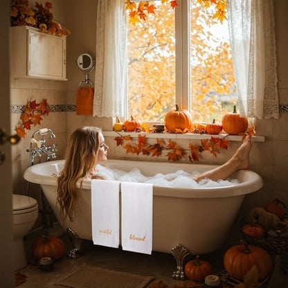 JarThenaAMCS 3Pcs Fall Bathroom Decor Hand Towels Autumn Thanksgiving Cotton Embroidered Towel White Gold Absorbent Bath Towel for Farmhouse Kitchen Hand Drying Cleaning Cooking, 29.5 x 13.7 Inch