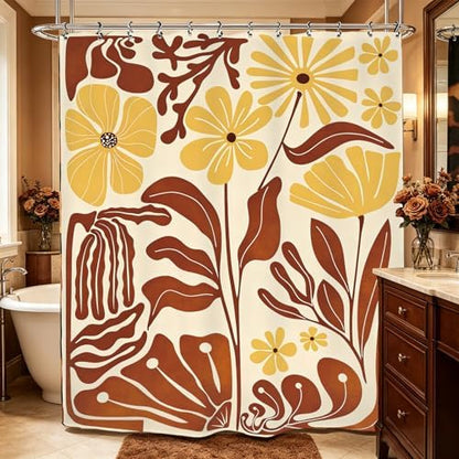 Matisse Flower Terracotta Shower Curtain 60Wx72L Inch Abstract Retro Aesthetic Minimalist Vintage Art 70s Brown Yellow Bathroom Set Accessories Decor with 12 Pack Hooks