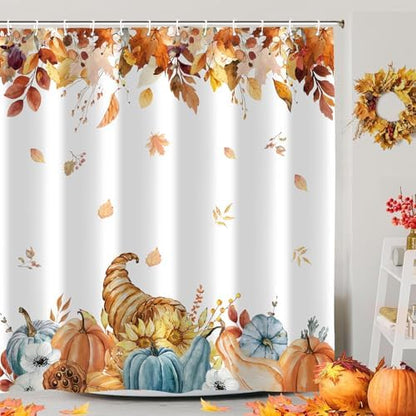 Fall Pumpkins Shower Curtain, Autumn Leaves Thanksgiving Harvest Bathroom Bathtubs Decor, Waterproof Polyester Fabric Bathroom Curtain with Hooks 72x72 in