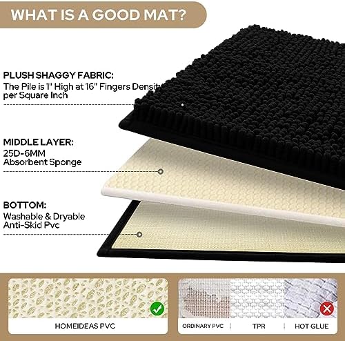 HOMEIDEAS Black Chenille Bathroom Rugs Set of 3, Non Slip Bath Mat