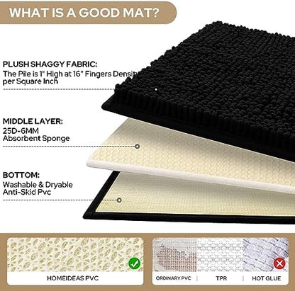 HOMEIDEAS Black Chenille Bathroom Rugs Set of 3, Non Slip Bath Mat