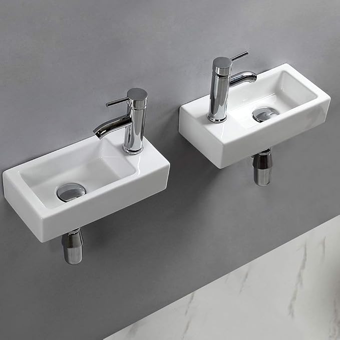 Wall Hung Basin Sink Small Cloakroom Basin Rectangle Ceramic Wash Basin Left Hand with Tap & Drain(Art Deco)