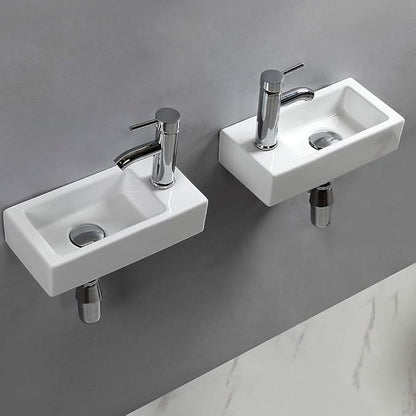 Wall Hung Basin Sink Small Cloakroom Basin Rectangle Ceramic Wash Basin Left Hand with Tap & Drain(Art Deco)