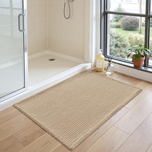 DEXI Chenille Bath Mat 32x20, Soft Absorbent Bathroom Rugs, Beige